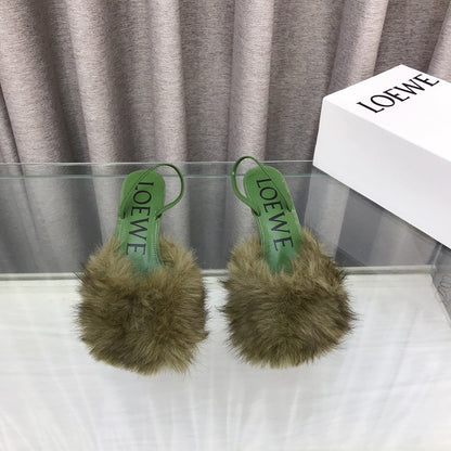 Loewe 25SS Fur-lined Mule 60 Green in Fox Fur 597438