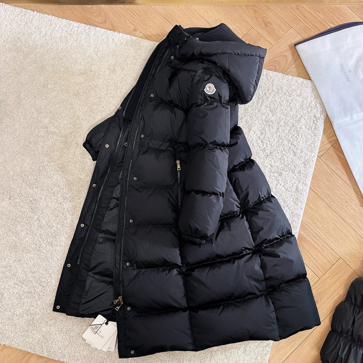 Moncler 2025 Chamer Wool-Trimmed Hooded Long Jacket Black Down