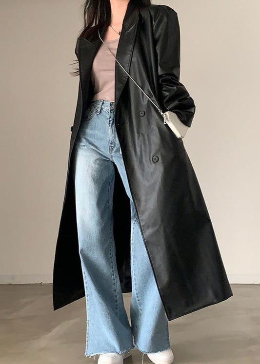 Black PU Leather Trench Coat Double Breasted Style