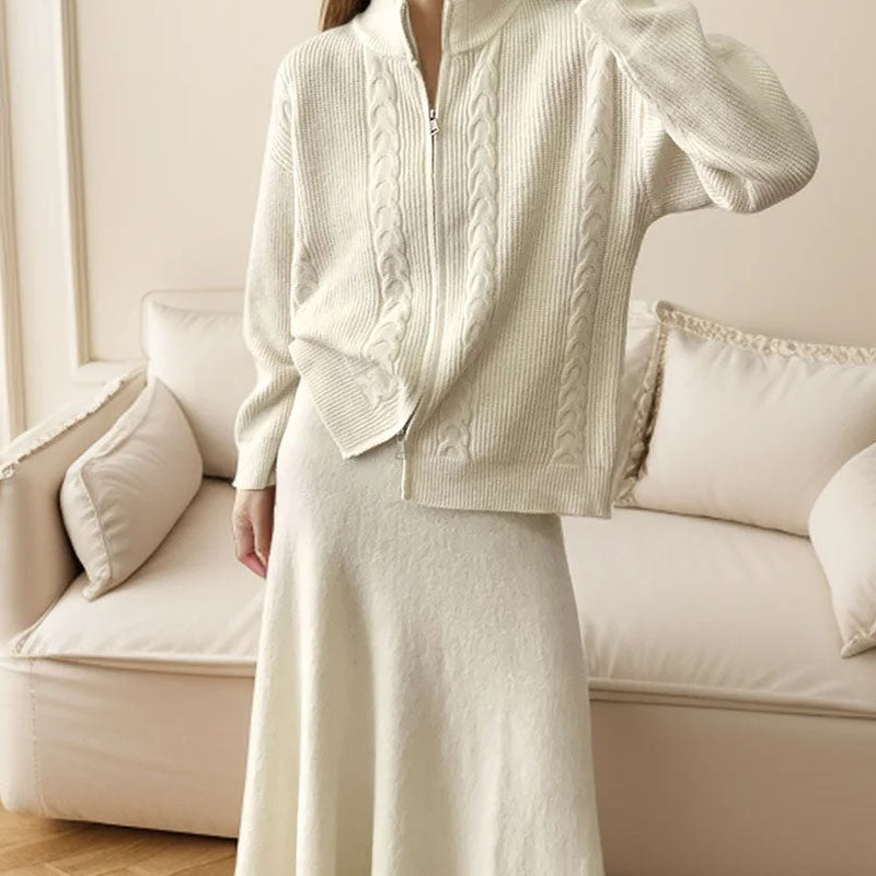 2 Pcs Fall Zip-Up Cardigan Maxi Skirt Set