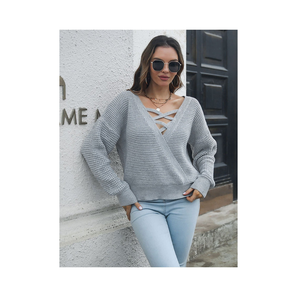 Casual Long Sleeves Loose Solid Color V-Neck Sweater Tops