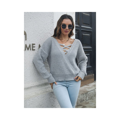 Casual Long Sleeves Loose Solid Color V-Neck Sweater Tops