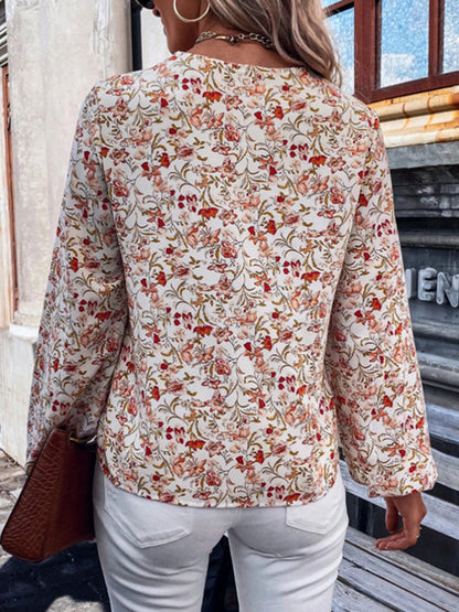 Long Sleeves Loose Elasticity Flower Print Split-Joint V-Neck Blouses&Shirts Tops