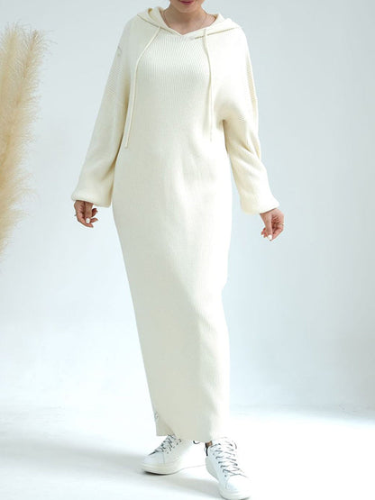 Solid Color Loose Long Sleeves Hooded Sweater Maxi Dresses