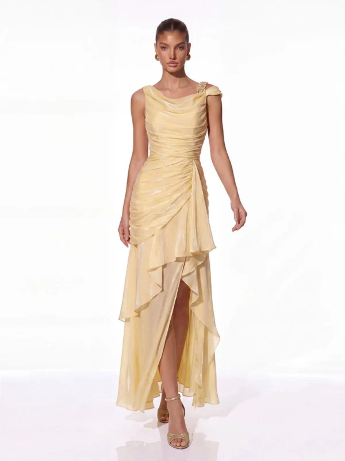 Lurevin Butter Yellow Ruffle Maxi Dress