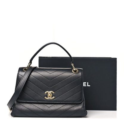 Grained Calfskin Chevron Stitched Small Chic Top Handle Flap Black