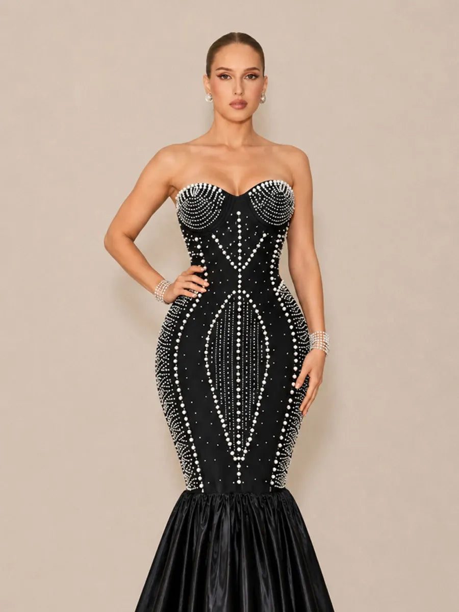 Arielle Sexy Strapless Pearl-Beaded Maxi Dress