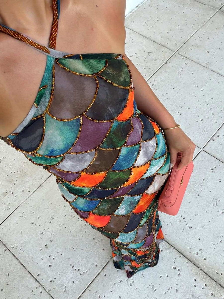 Felicia Mermaid Print Halter Maxi Dress