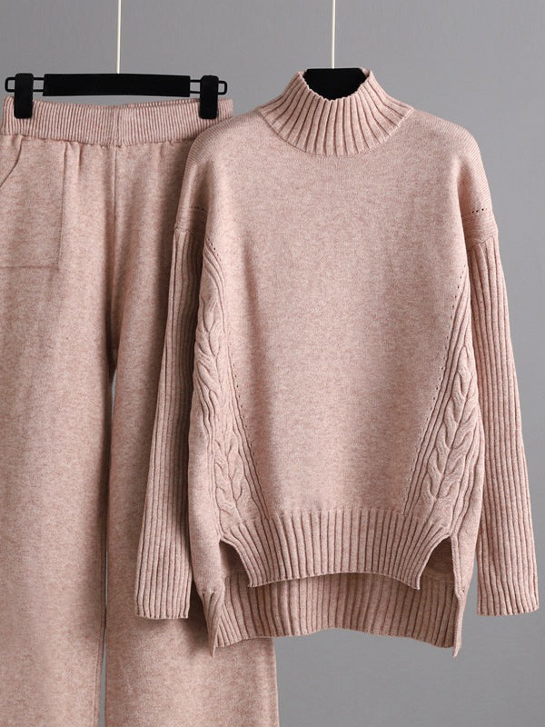 Urban High-Low Wide Leg Split-Side Solid Color Half Turtleneck Sweater Tops Pants Two Pieces Set