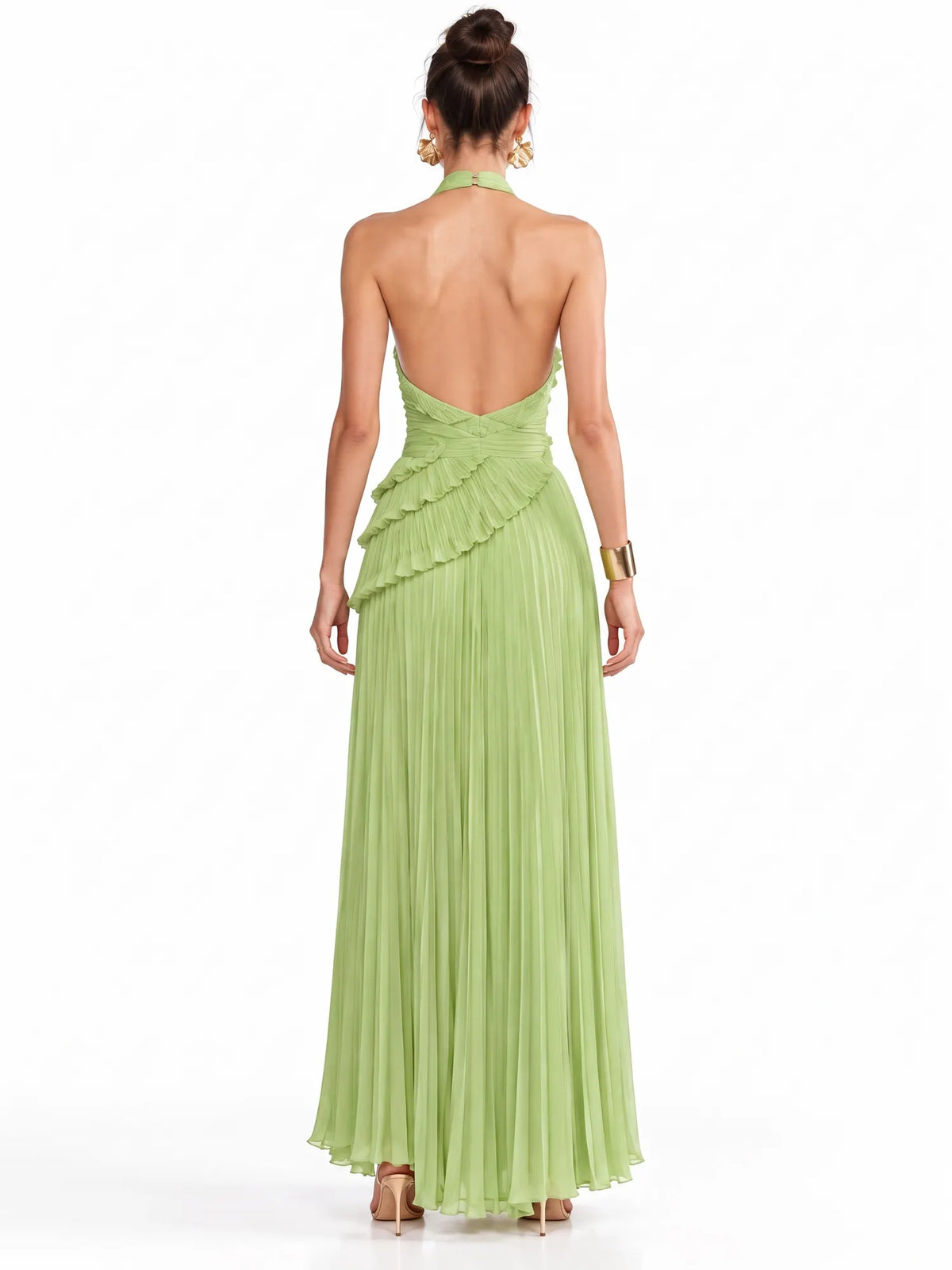 Adeline Pleated Ruffle Maxi Dress In Green