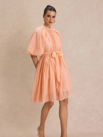 Hailey Floral-Embroidered Puff-Sleeve Midi Dress