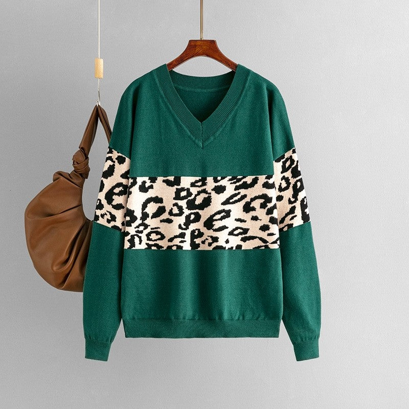 Simple V-Neck Loose Color Block Leopard Print Sweater