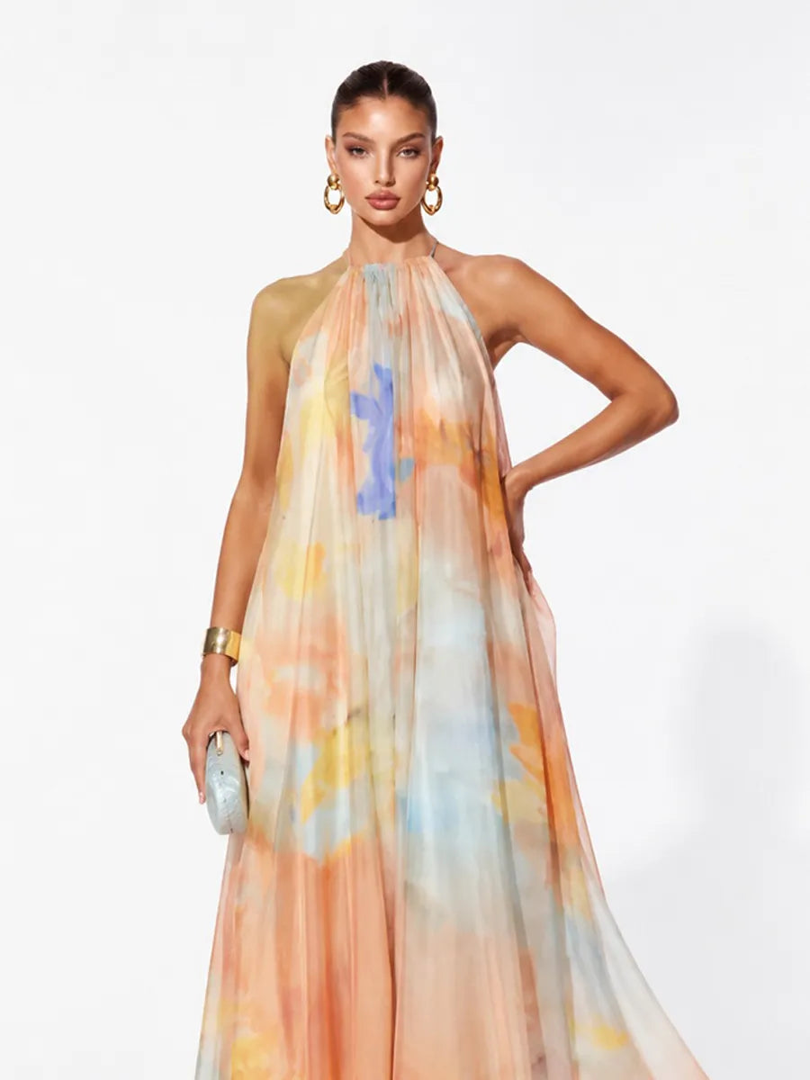Madeline Printed Chiffon Lace-Up Backless Maxi Dress