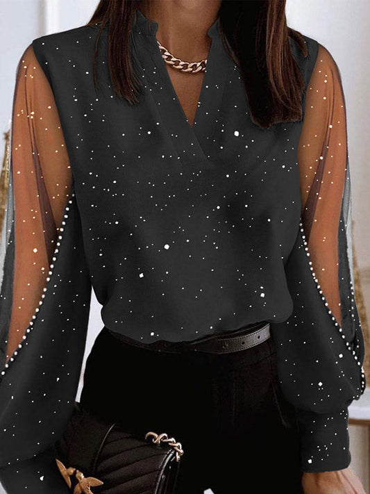 Long Sleeves Loose Beaded Mesh Split-Joint V-Neck Blouses&Shirts Tops