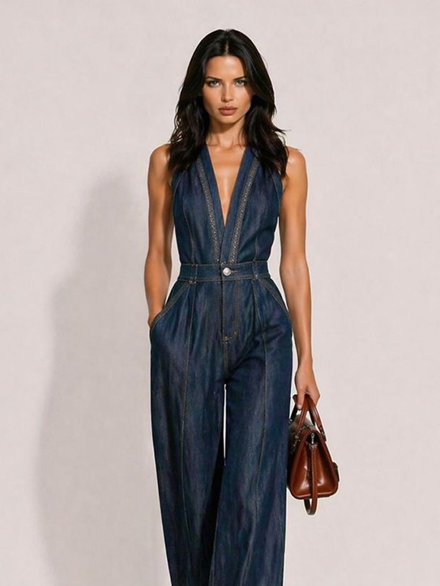 Clementine Casual Retro V-Neck Sleeveless Denim Jumpsuit