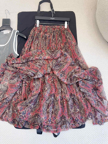 YSL 2025 Printed Skirt Red Silk