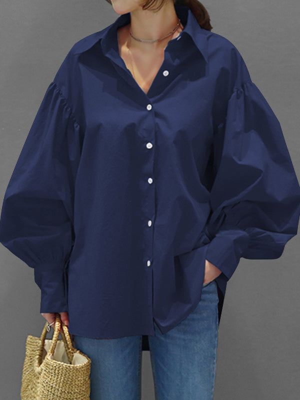 Long Sleeves Loose Buttoned Pleated Solid Color Lapel Blouses&Shirts Tops
