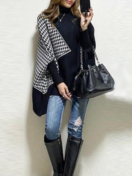 Original Loose Batwing Sleeves Contrast Color Plaid High-Neck Sweater Tops