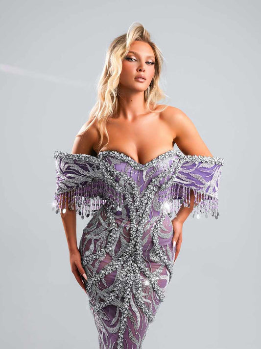 Rosalie Crystal Tassel Strapless Maxi Dress