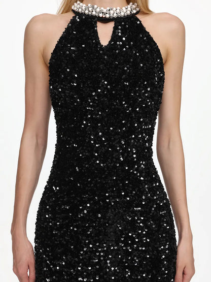 Naomi Elegant Contour Halter Pearl Sequin Maxi Dress