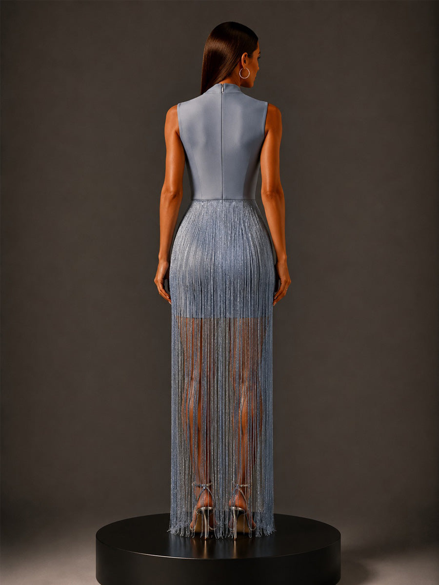 Calliope Silver-Thread Tassel Bandage Maxi Dress In Blue