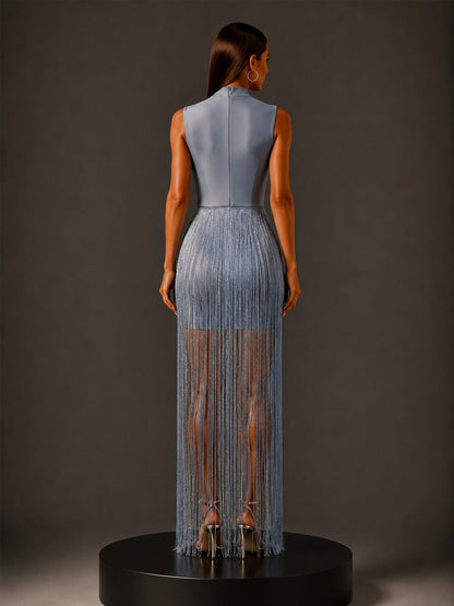 Calliope Silver-Thread Tassel Bandage Maxi Dress In Blue