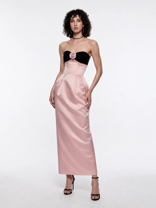 Ravenna Elegant Satin Strapless Maxi Dress with 3D Floral Details