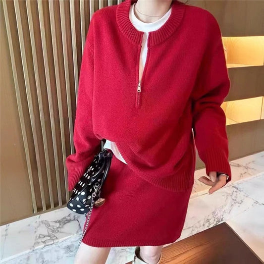 Half Zip Sweater Sleeveless Skirt Set
