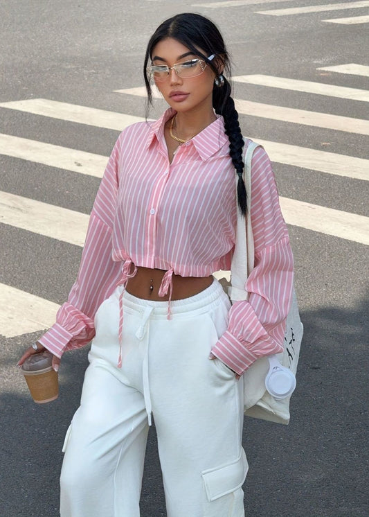 Striped Button Up Drawstring Crop Shirt Polyester Cotton