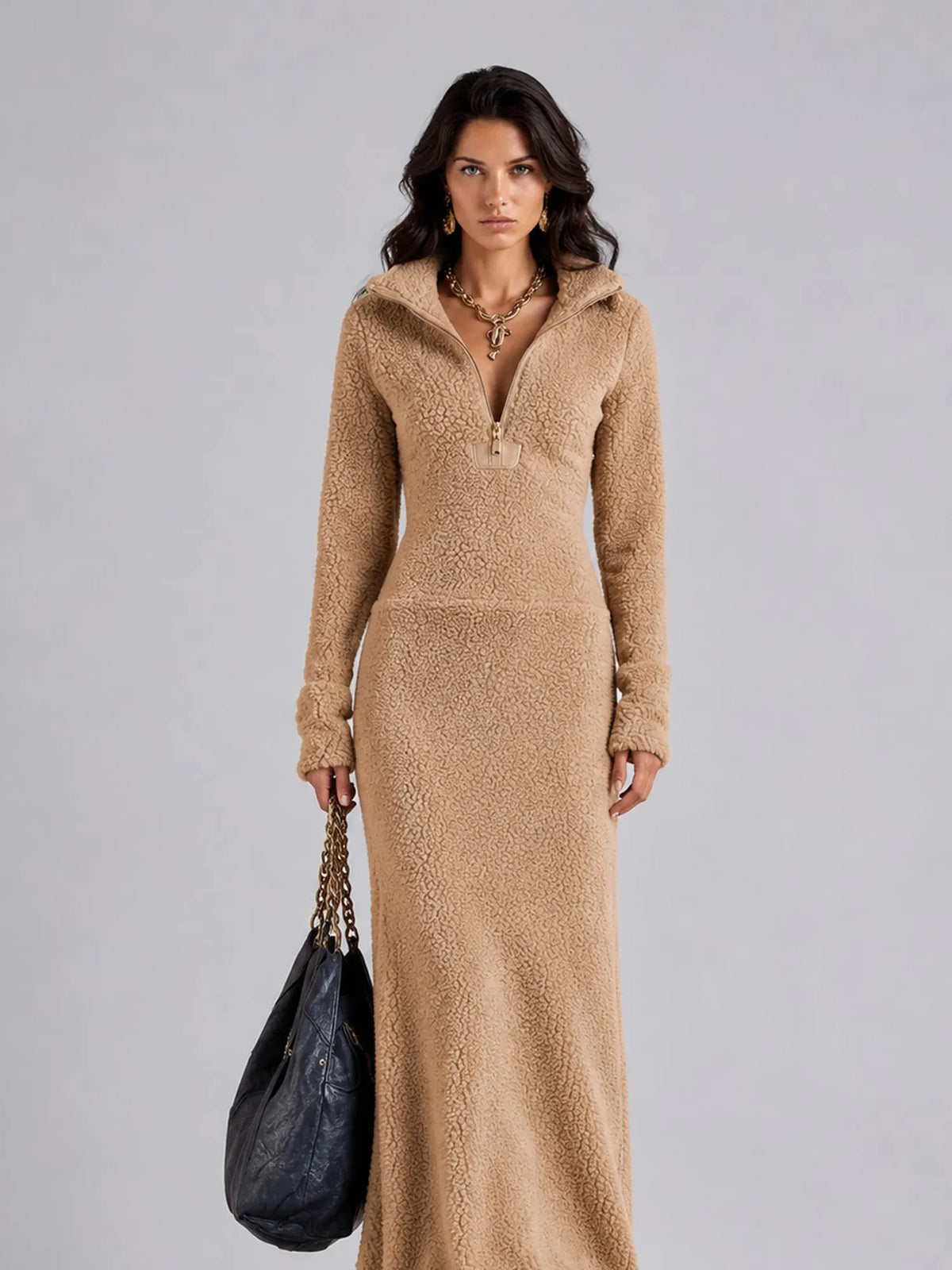 Sarah Fleece Maxi Dress with Polo Collar