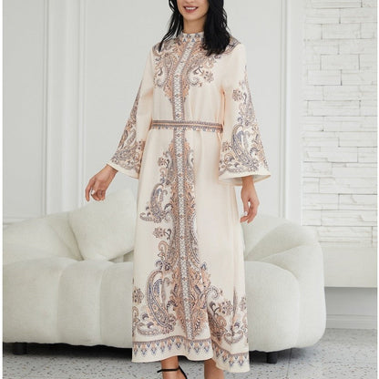 Royal Collar Print Long Retro Muslim Dress