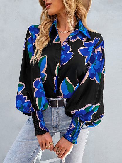 Long Sleeves Loose Buttoned Elasticity Flower Print Polo Blouses&Shirts Tops