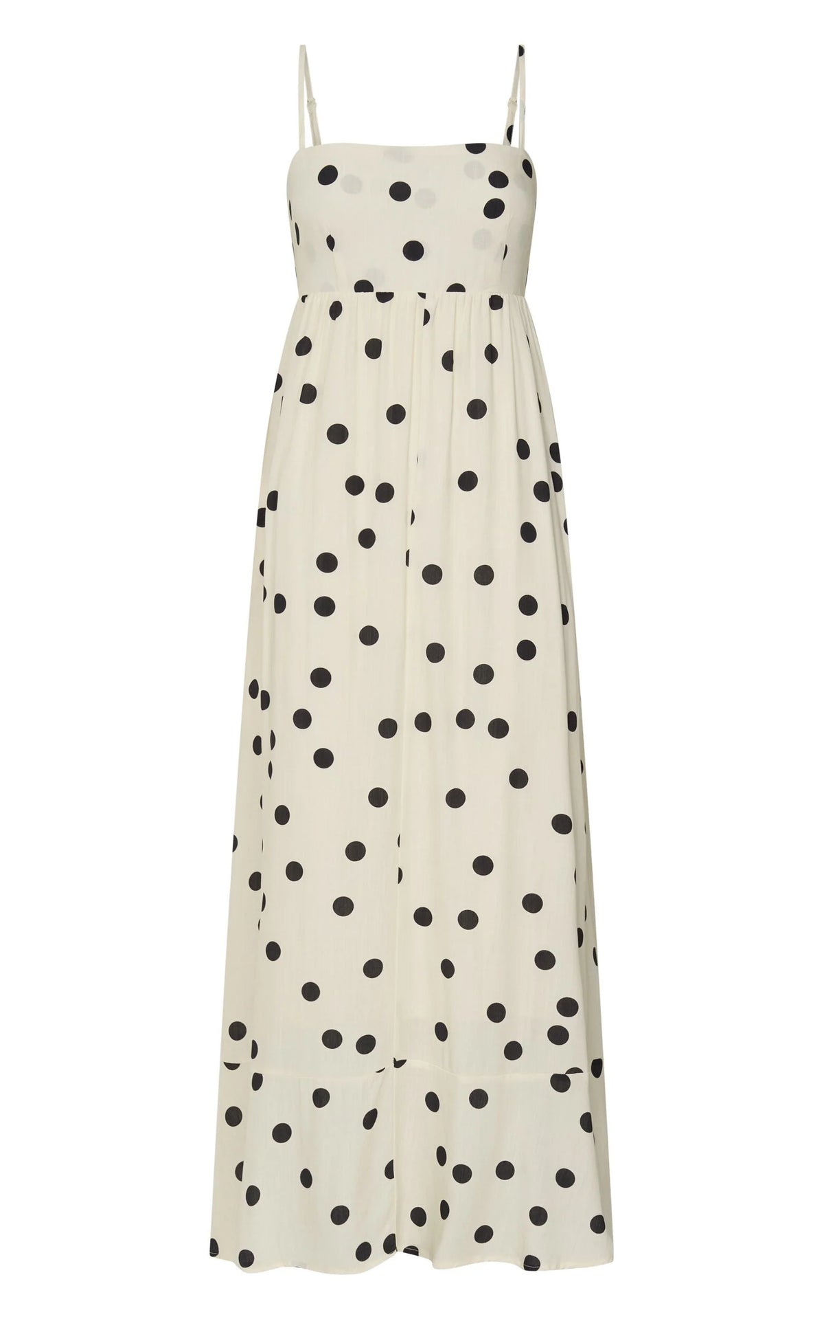 Miriam Midi Linen Dress - Strappy Straight Neck A Line Dress in Beige & Black Spot