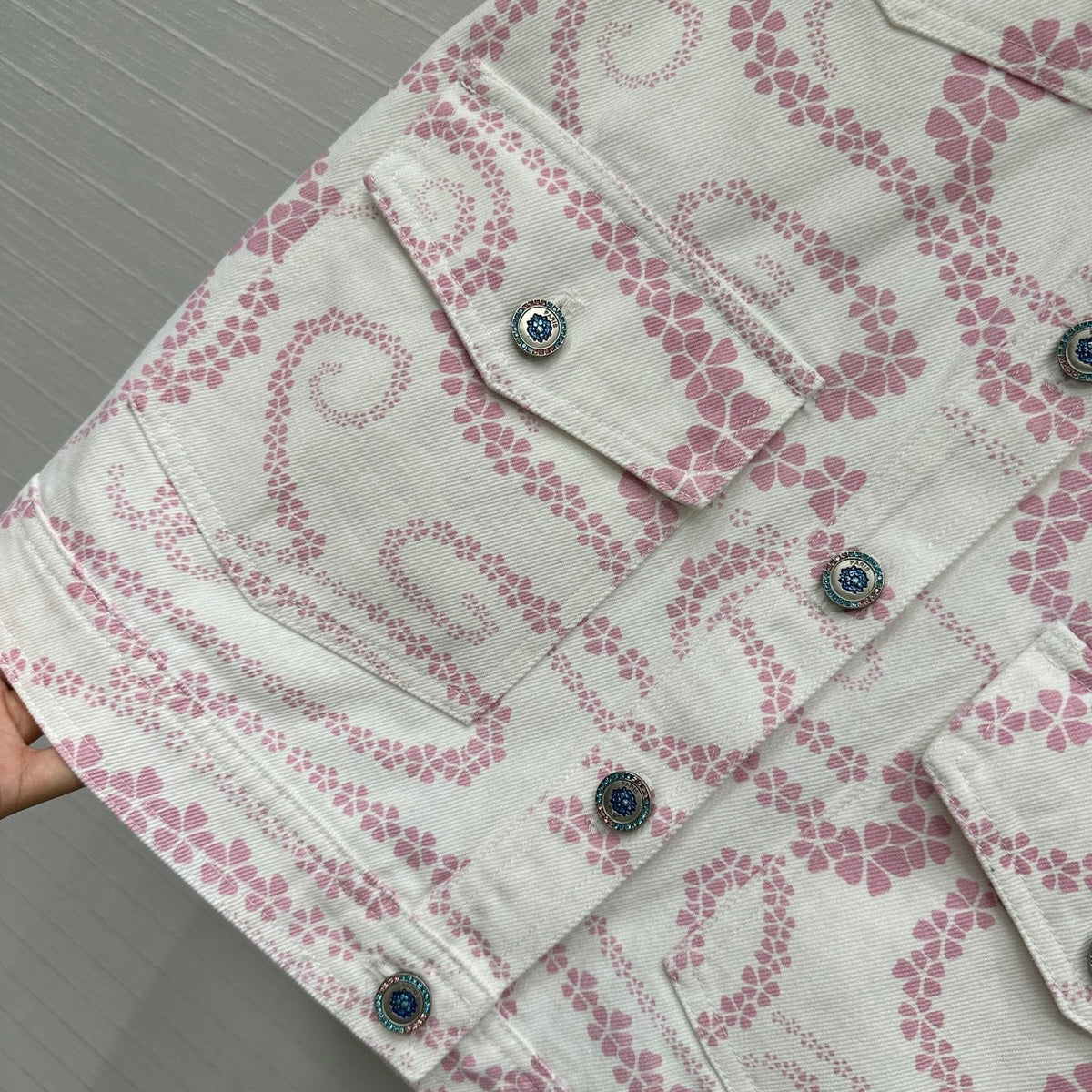 CC 25 Printed Denim Vest Jacket Pink White Cotton