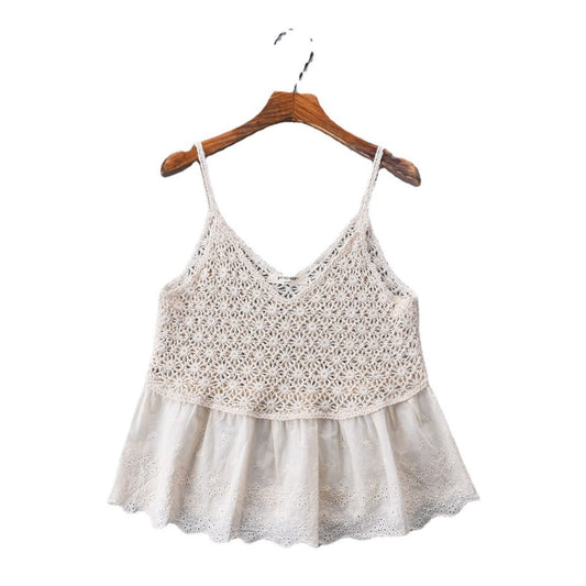 Vesty - Lace-Knit V-Neck Cami Top - White &amp; Beige