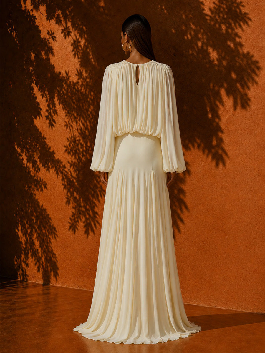 Keira Crew Neck Pleated Long-Sleeve Maxi Dress