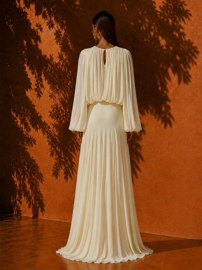 Keira Crew Neck Pleated Long-Sleeve Maxi Dress