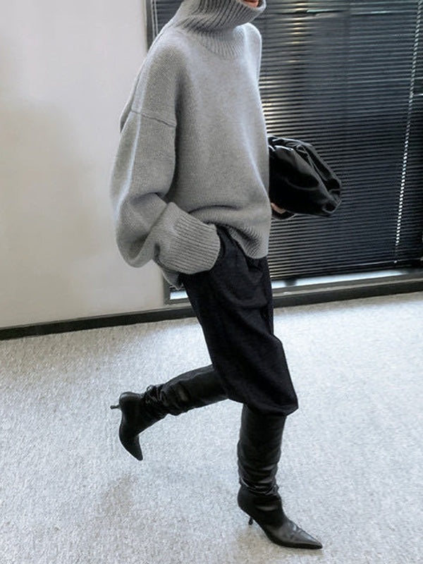 Long Sleeves Loose Pleated Solid Color Split-Joint High Neck Sweater