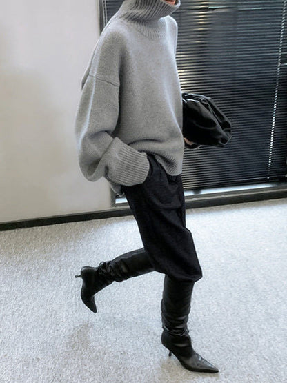 Long Sleeves Loose Pleated Solid Color Split-Joint High Neck Sweater