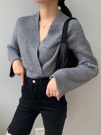 Stylish 6 Colors Knitting V-Neck Asymmetric Sweater
