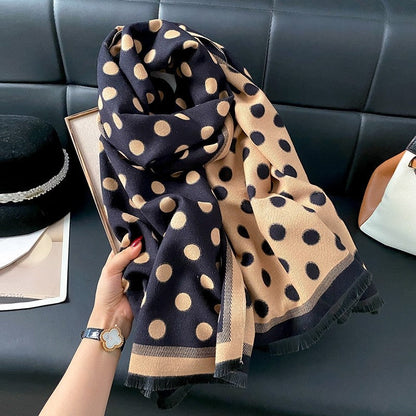 Double Sided Color Blocked Thick Warm Shawl With Polka Dots