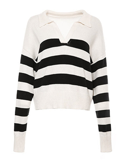 Simple Loose Striped Lapel Collar Long Sleeves Sweater Tops