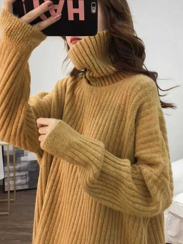 Casual Long Sleeves Loose Solid Color High-Neck Sweater Tops