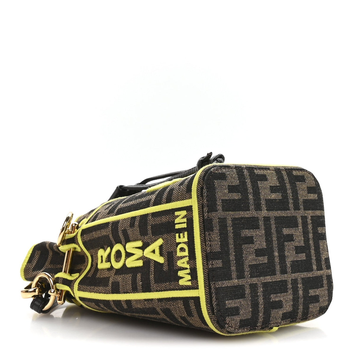 Fabric Jacquard Shiny Nappa FF 1974 Logo Threaded Edge Mini Mon Tresor Bucket Bag Tobacco Moro Giallo Fluo