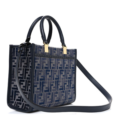 Fabric Jacquard FF 1974 Logo Small Fendi Sunshine Shopper Tote Blue Grigio