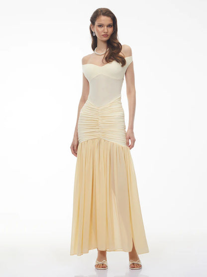 Lila Off-the-Shoulder Ruched Chiffon Maxi Dress