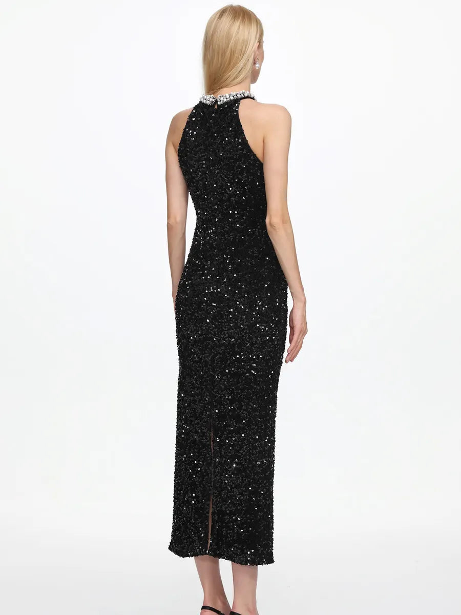 Naomi Elegant Contour Halter Pearl Sequin Maxi Dress
