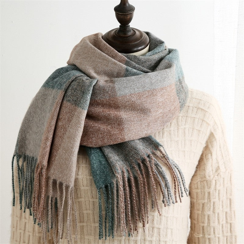 Color Block Plaid Fringe Scarf