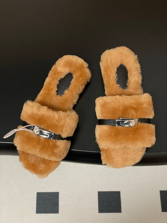 Hermes Giulia Kelly Buckle H-Slippers Brown in Wool 594325