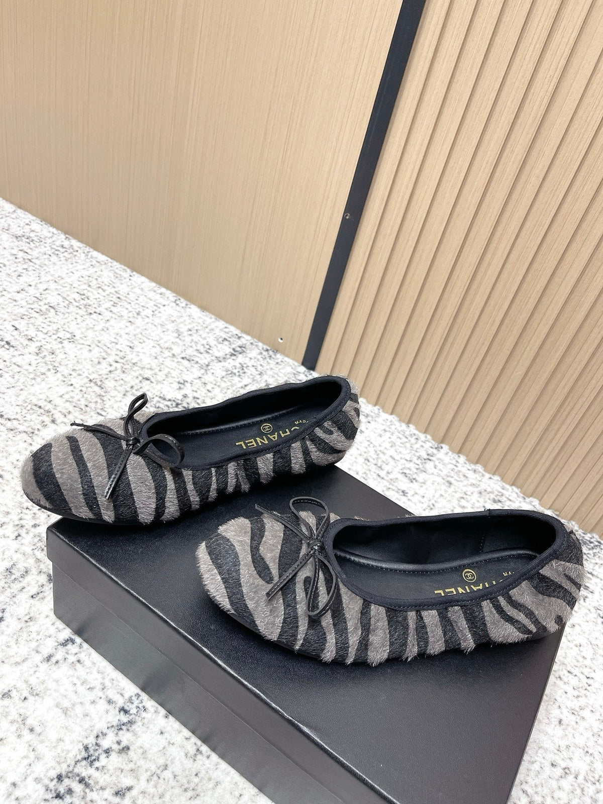 Chanel 26 Tiger Print Gray Black Ballet Flat in Sheepskin Wool 591375